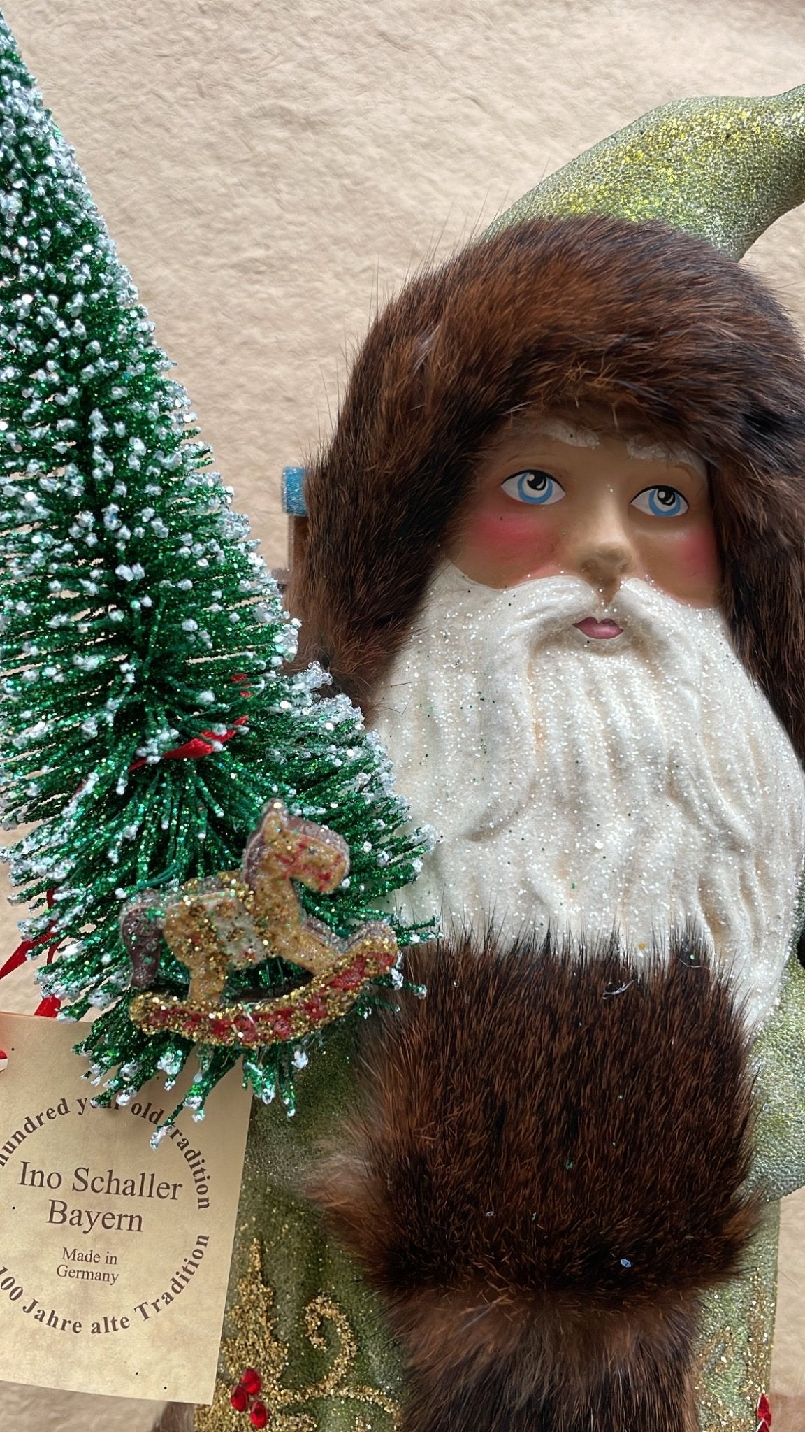Grand Forest Green Beaded Santa with Holly Decoration, Fur & Packbag | Ino Schaller - Bon Ton goods