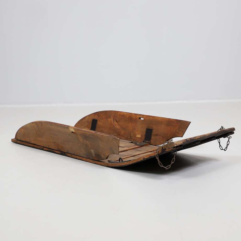Antique Wooden Sledge with Iron Chains – Rustic Scandinavian Sleigh, 122 cm