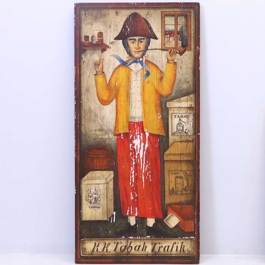 Folk Art Painted Tobacco Trade Sign on Wood, Early 20th Century