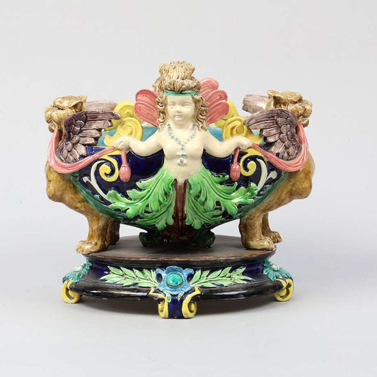 Majolica Jardinière with Cherub and Lions | 19th Century