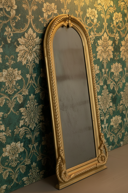 19th Century Gilded Wall Mirror with Braided Rope & Tassel Carving