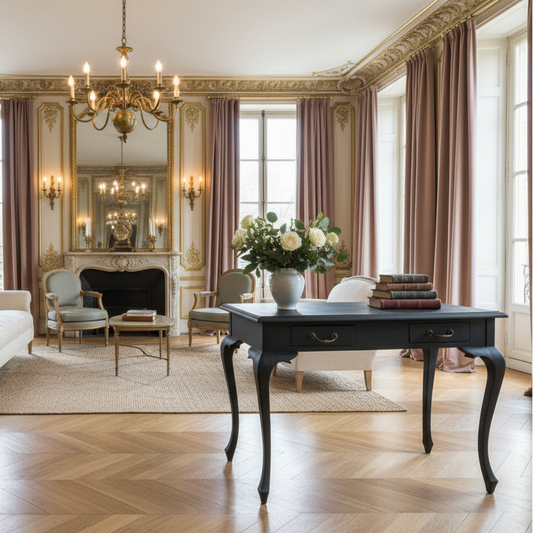 Black Rococo Style Writing Desk with Two Drawers