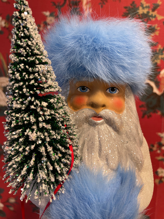 Russian Blue Fur White Beaded Santa | Ino Schaller