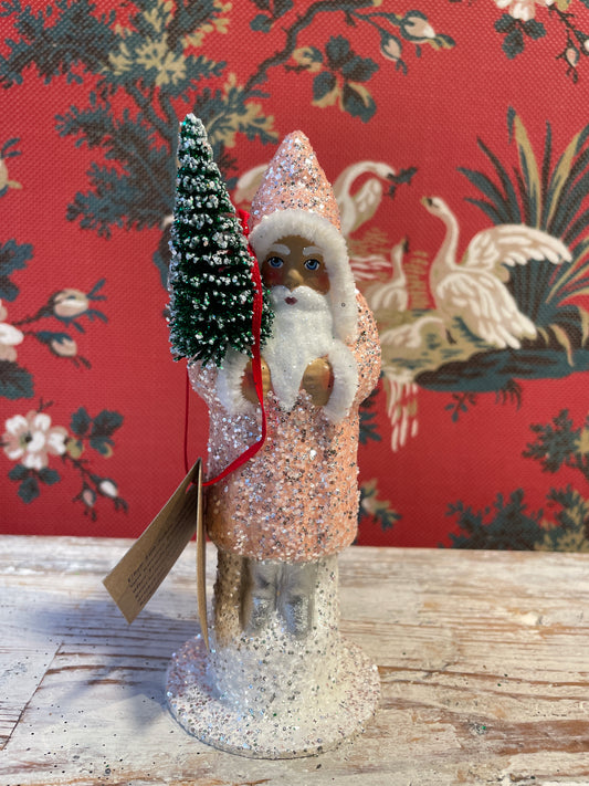 Nude Pink Glittered Santa Holding Frosted Tree | Ino Schaller