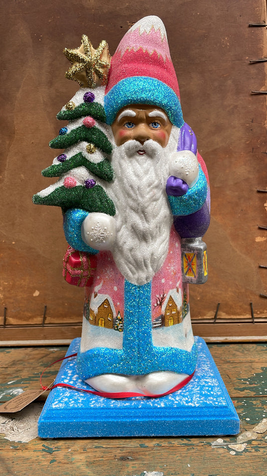 Brilliant Blue and Pink Beaded Santa with Detailed Winter Scene, Purple Bag & Beaded Wood Base | Ino Schaller