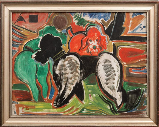 Eugen Denzel – Interior with Dogs, Mid-20th Century Oil on Panel, 60×80 cm