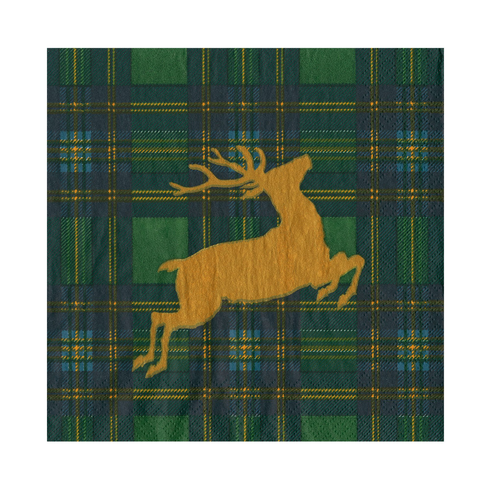 Reindeer Tartan Green Cocktail Napkins by Caspari