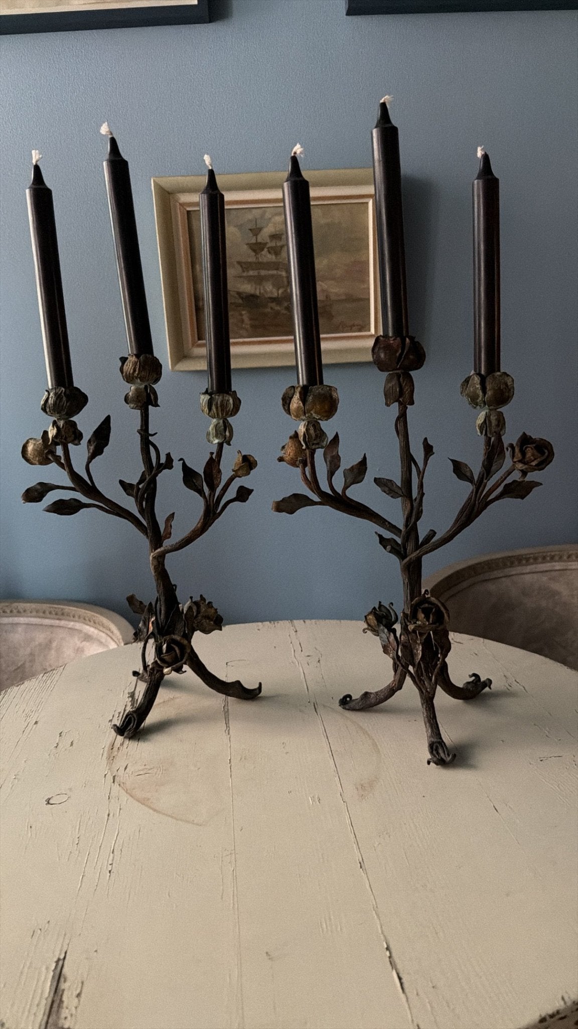 19th Century French Wrought Iron Rose Candlesticks, Pair - Bon Ton goods