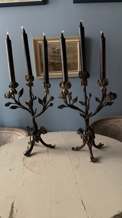 19th Century French Wrought Iron Rose Candlesticks, Pair - Bon Ton goods