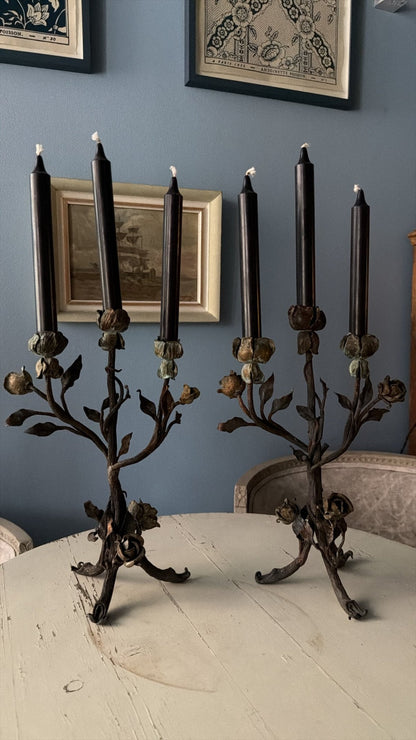 19th Century French Wrought Iron Rose Candlesticks, Pair - Bon Ton goods