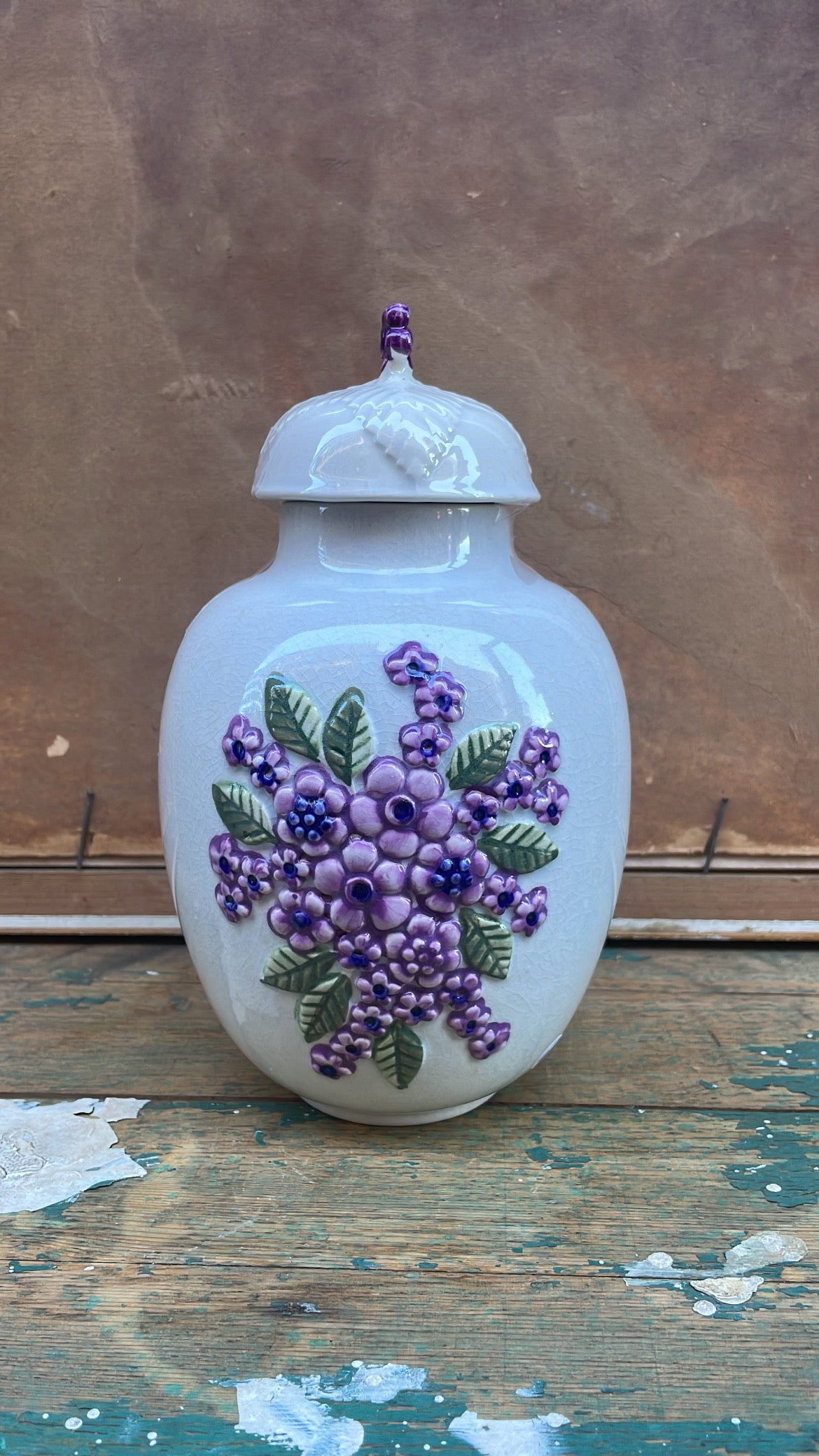 Vintage Rosa Ljung Lidded Ceramic Urn with Floral Relief, 20 cm