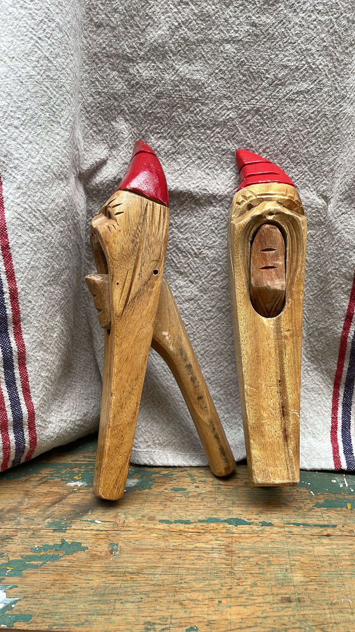 Vintage Hand-Carved Scandinavian Nutcracker Tomte, Pair — Träsnideri Julfigur