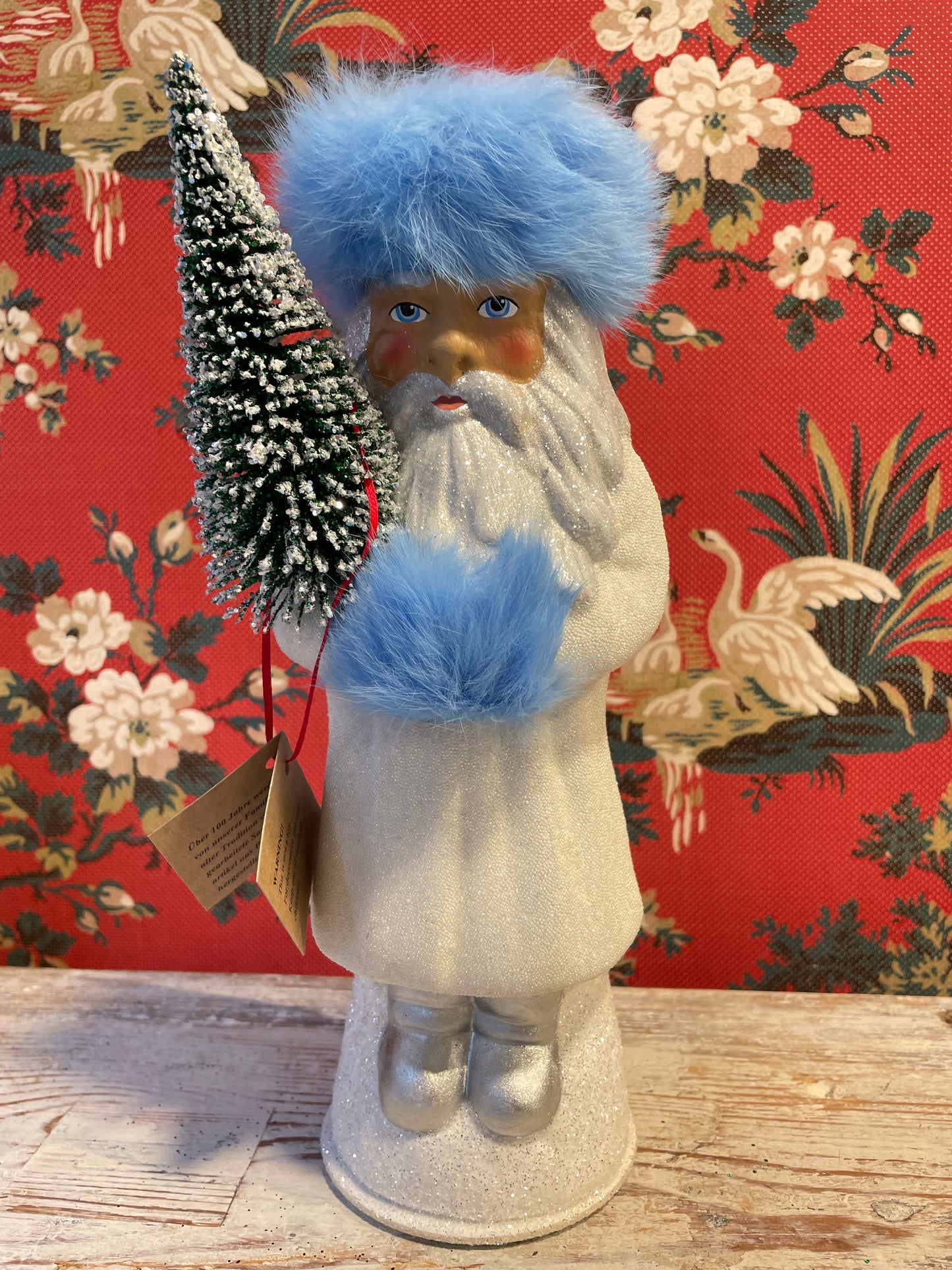 Russian Blue Fur White Beaded Santa | Ino Schaller