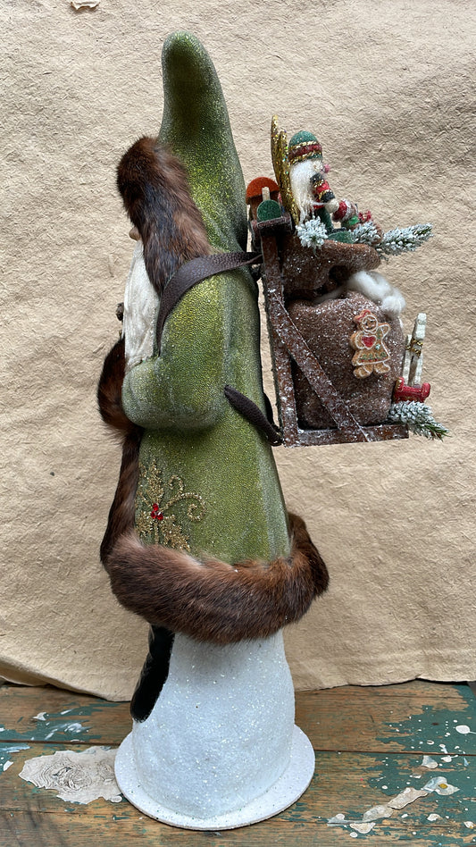Grand Forest Green Beaded Santa with Holly Decoration, Fur & Packbag | Ino Schaller