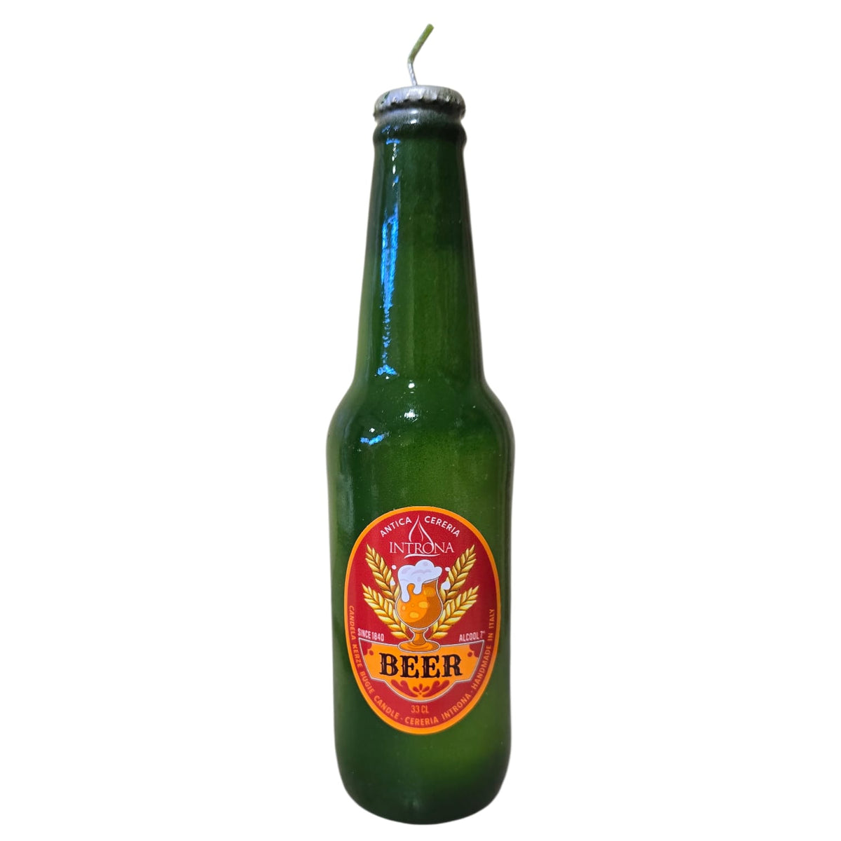 Green Beer Bottle Wax Candle handmade in Italy by Cereria Introna
