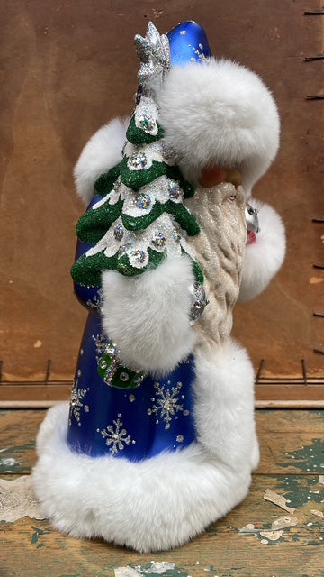Santa Blue with Snowflakes & Crystals, Fur Edge & Snowflake Design on Gloves & Beaded Tree| Ino Schaller