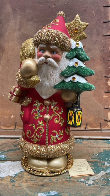 Red Santa With Gold Fleu de lie & Crystals, Brillant Gold Bag & Beaded Tree | Ino Schaller