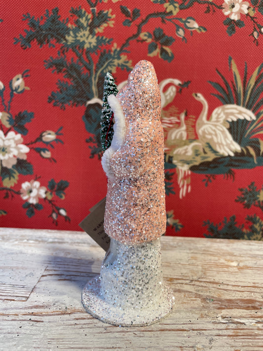 Nude Pink Glittered Santa Holding Frosted Tree | Ino Schaller
