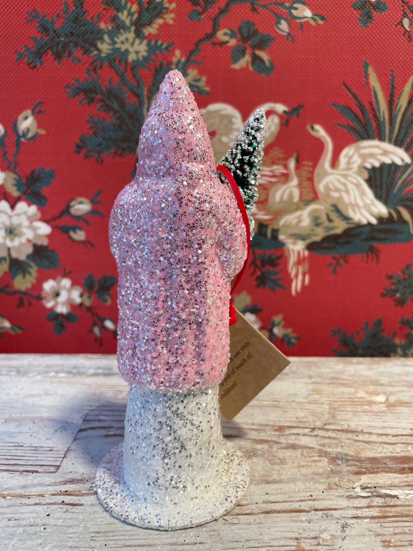 Brilliant Candy Pink Glittered Santa Holding Frosted Tree | Ino Schaller
