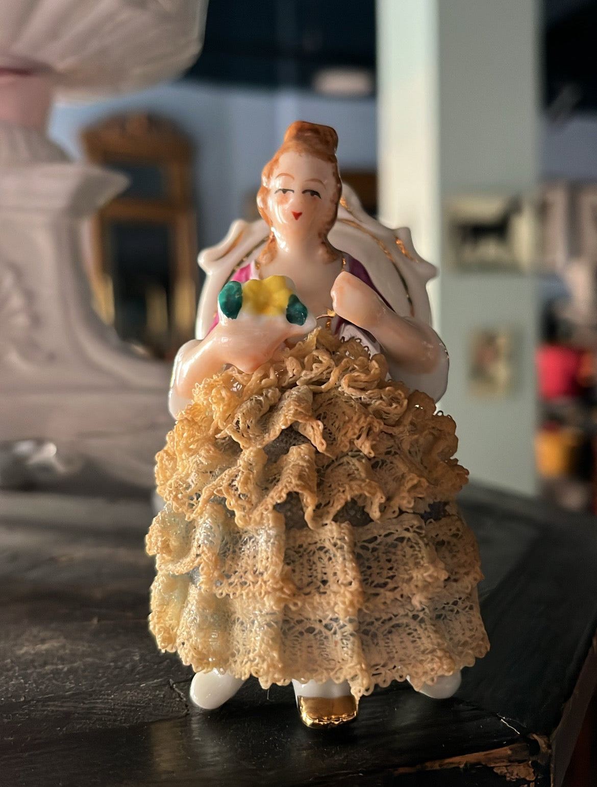Vintage Porcelain Lady Figurine with Lace Skirt