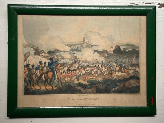 Battle of Waterloo — Antique Hand-Colored Print in Painted Green Frame