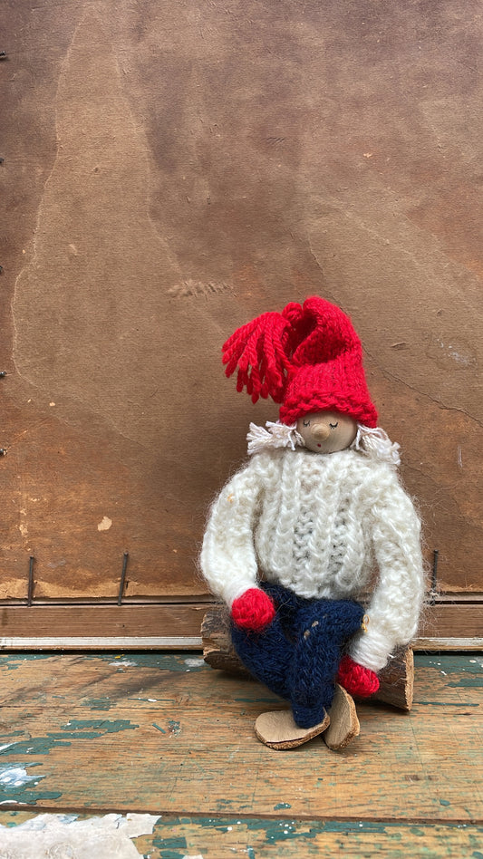 Vintage Scandinavian Knitted Nisse Sitting on Log — Handmade 1970s Figurine