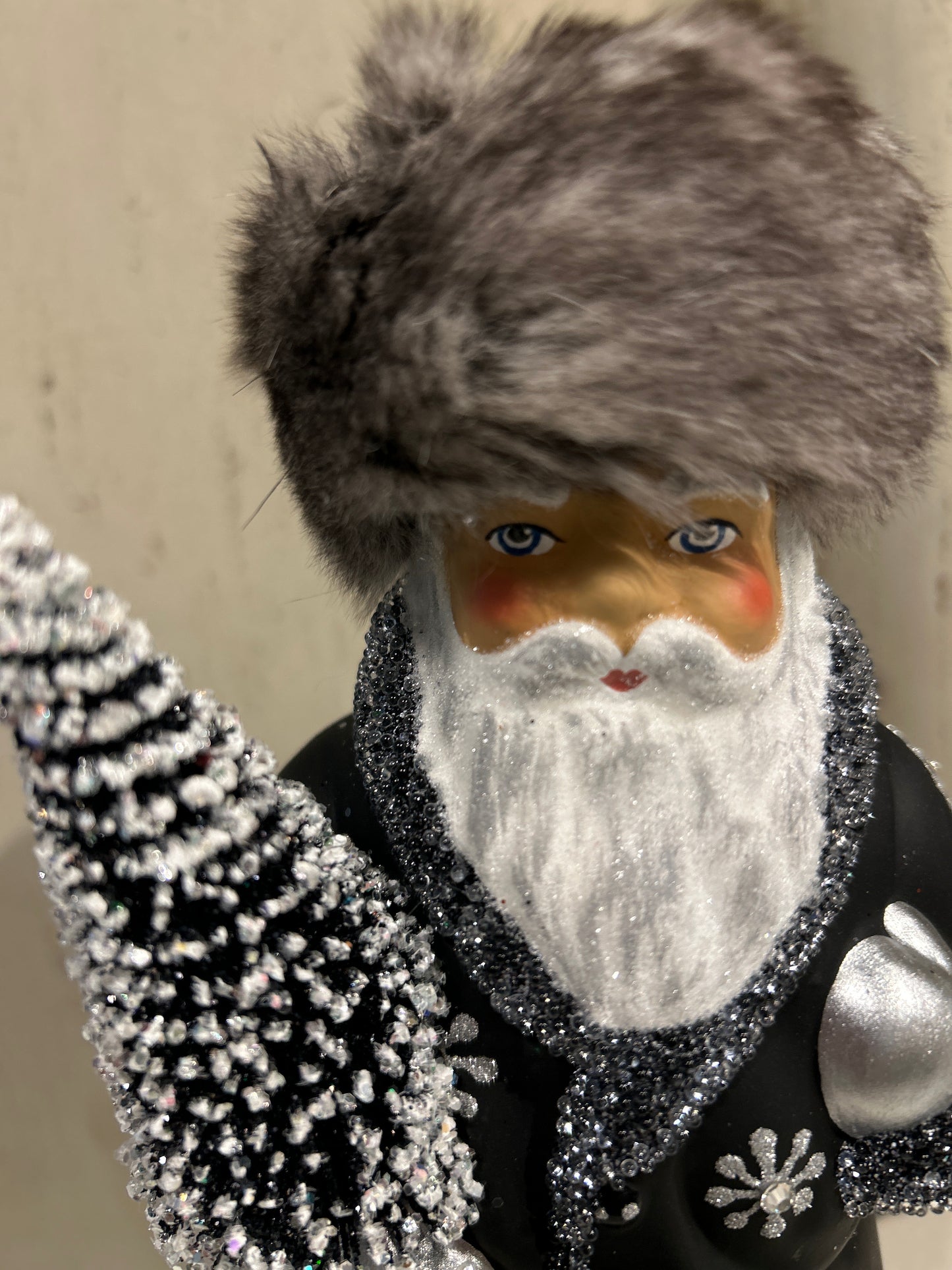 Russian Black Santa with Grey Fur Hat and Snow Decoration | Ino Schaller