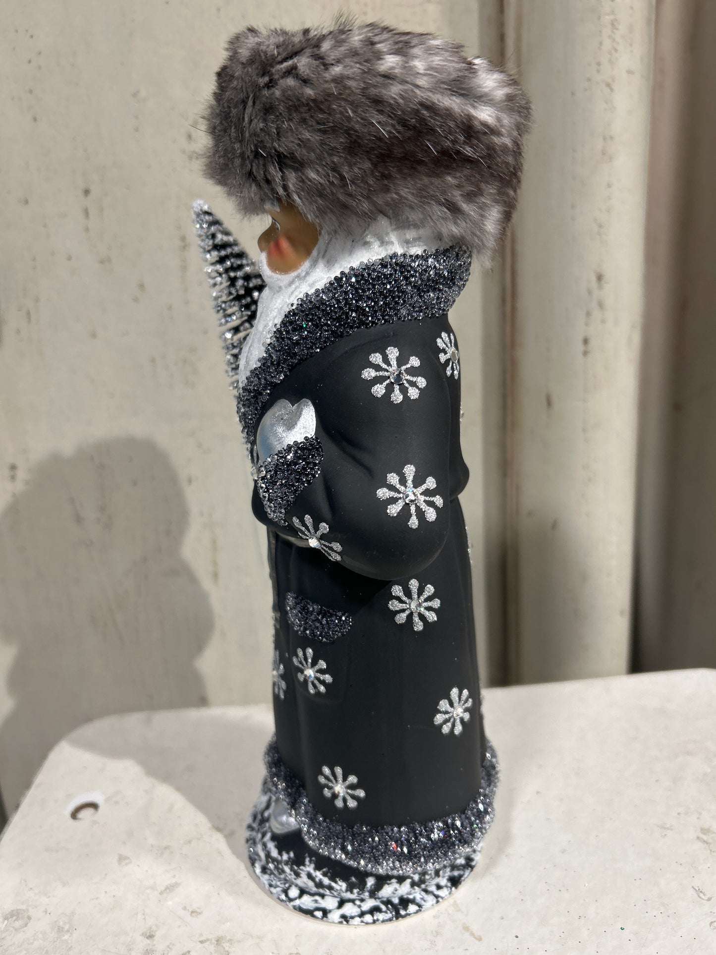 Russian Black Santa with Grey Fur Hat and Snow Decoration | Ino Schaller