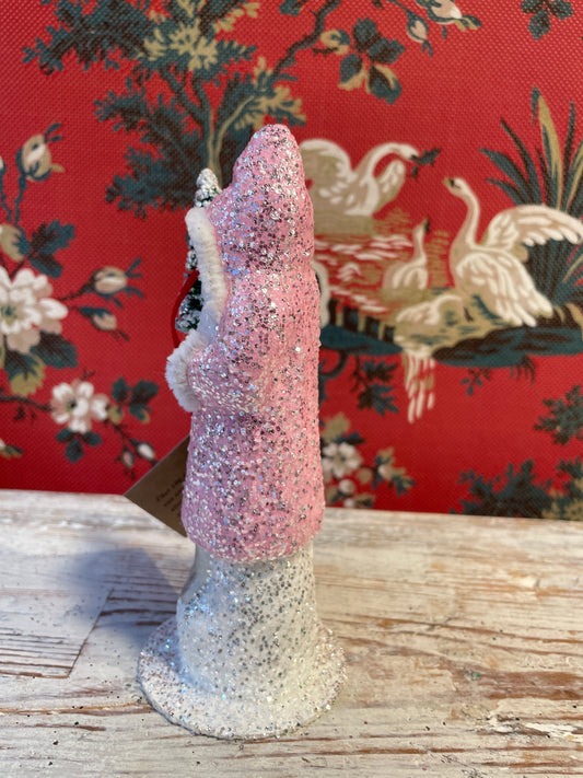 Brilliant Candy Pink Glittered Santa Holding Frosted Tree | Ino Schaller