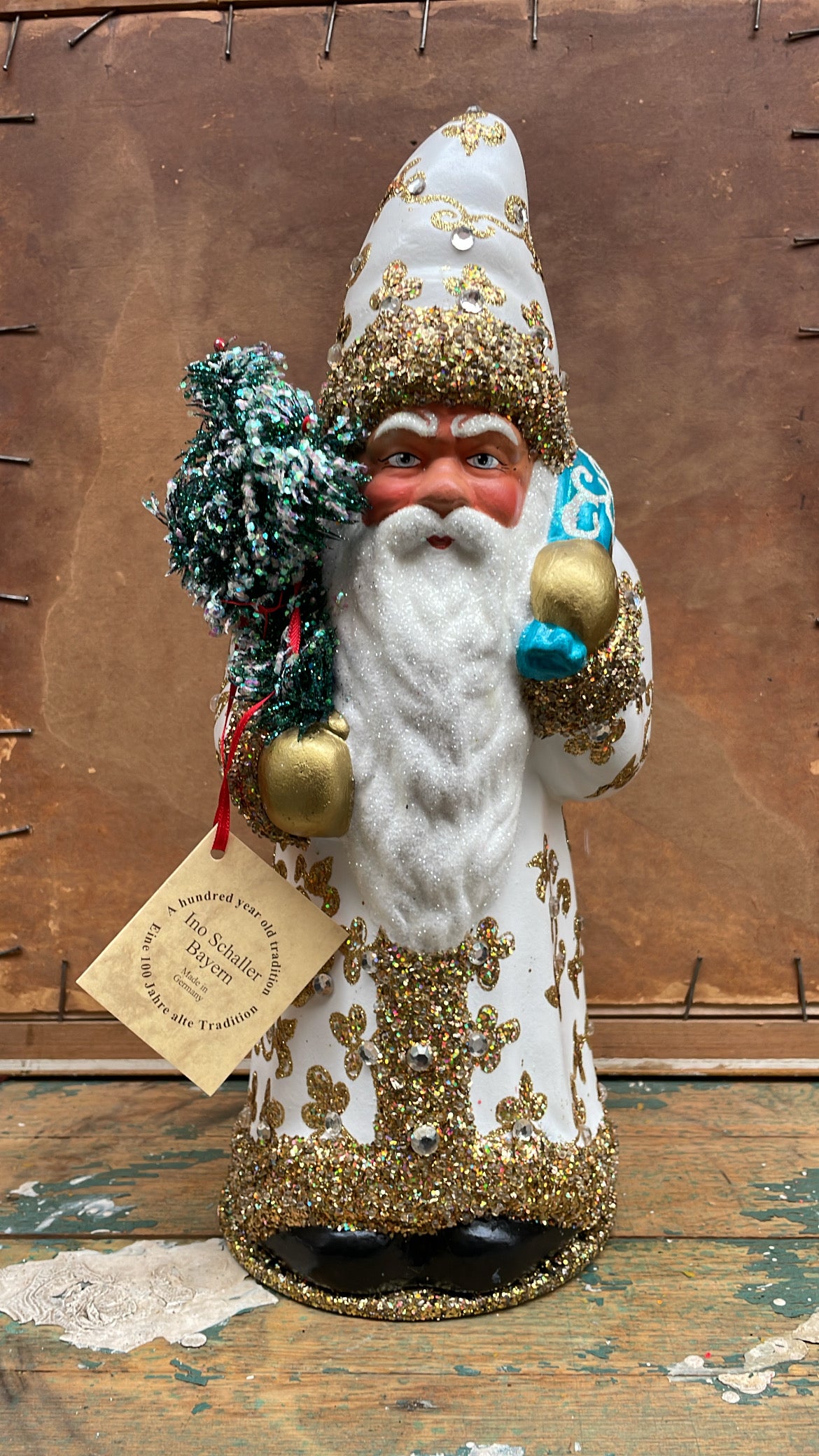 White with Gold Santa with Gold Decoration & Crystals & Peacock Blue Bag| Ino Schaller