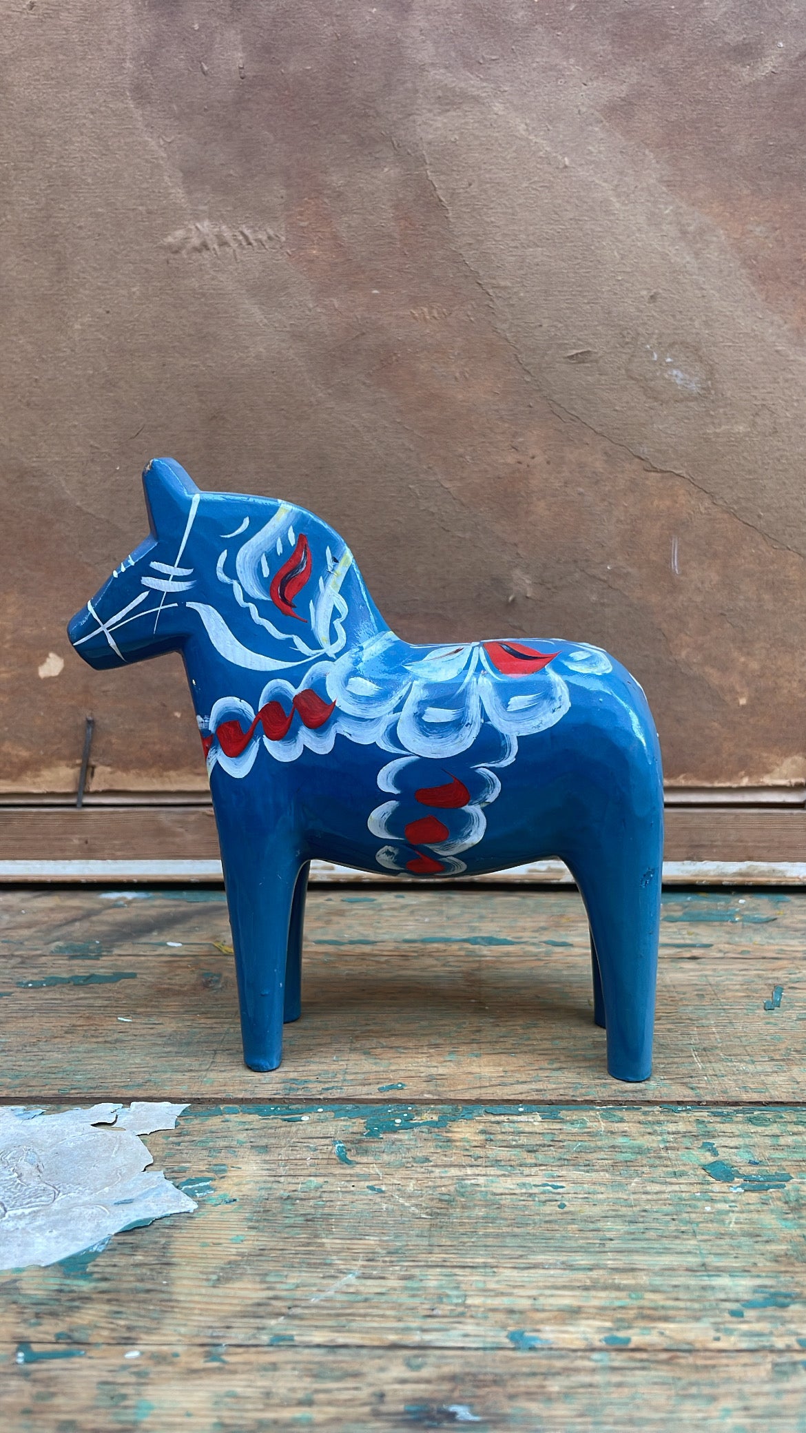 Antique Swedish Dala Horse, Bright Blue with Red and White Kurbits