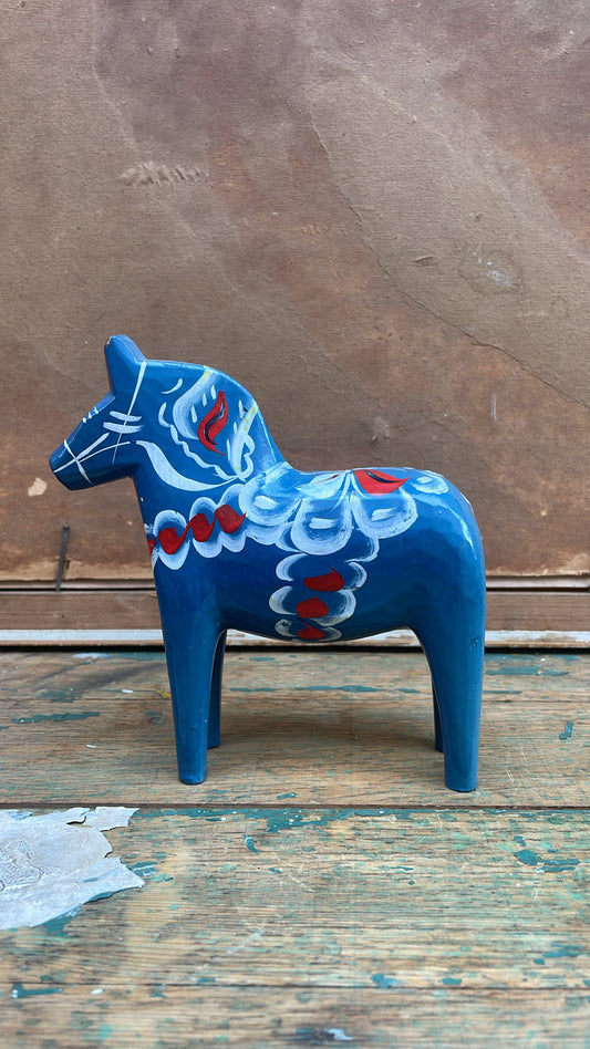 Antique Swedish Dala Horse, Bright Blue with Red and White Kurbits