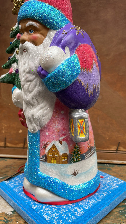 Brilliant Blue and Pink Beaded Santa with Detailed Winter Scene, Purple Bag & Beaded Wood Base | Ino Schaller
