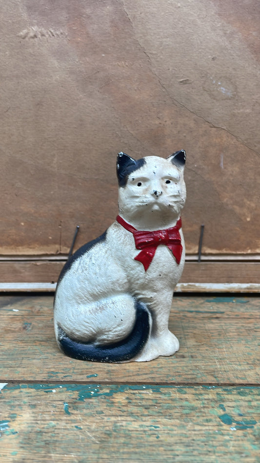 Antique Cast Iron Cat Bank with Red Bow, New York City Provenance