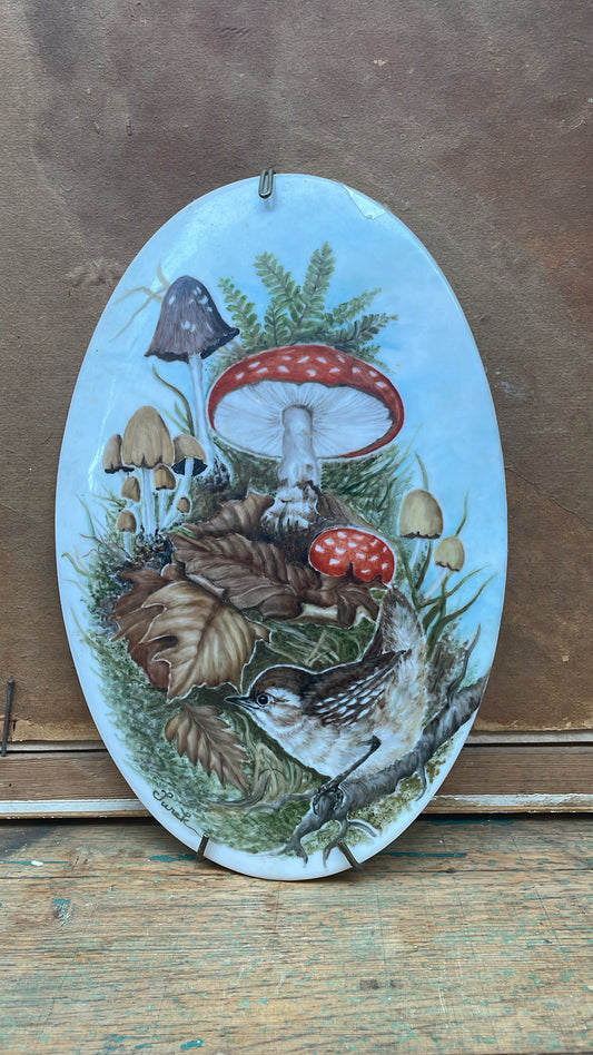 Antique Transferware Wall Plaque with Woodland/Mushroom Motif, New York Provenance