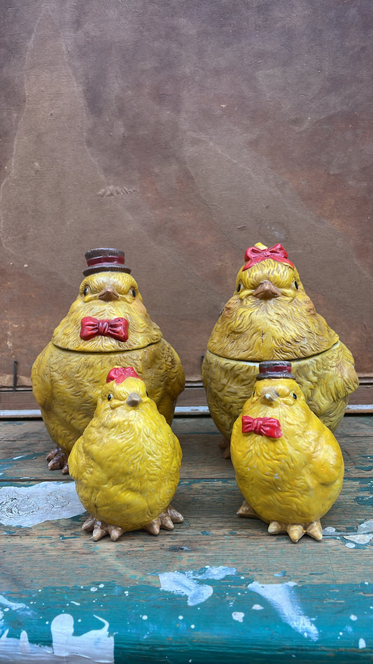 Vintage Ceramic Chickens, Lidded Jar & Companion Figurine (Set of Two Pairs)
