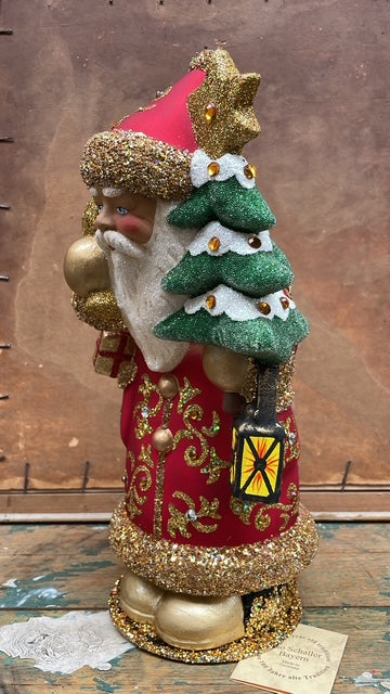 Red Santa With Gold Fleu de lie & Crystals, Brillant Gold Bag & Beaded Tree | Ino Schaller
