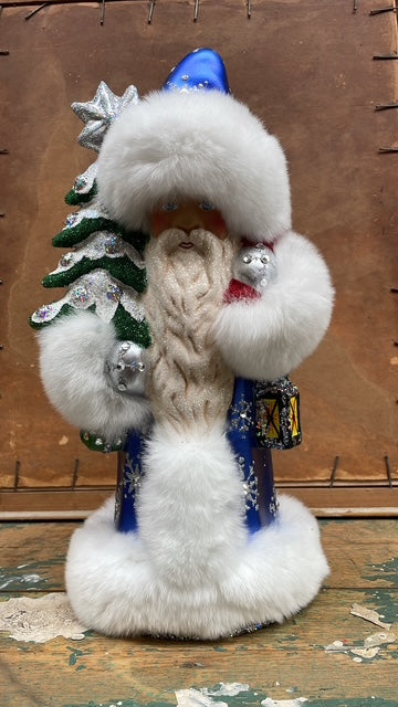 Santa Blue with Snowflakes & Crystals, Fur Edge & Snowflake Design on Gloves & Beaded Tree| Ino Schaller