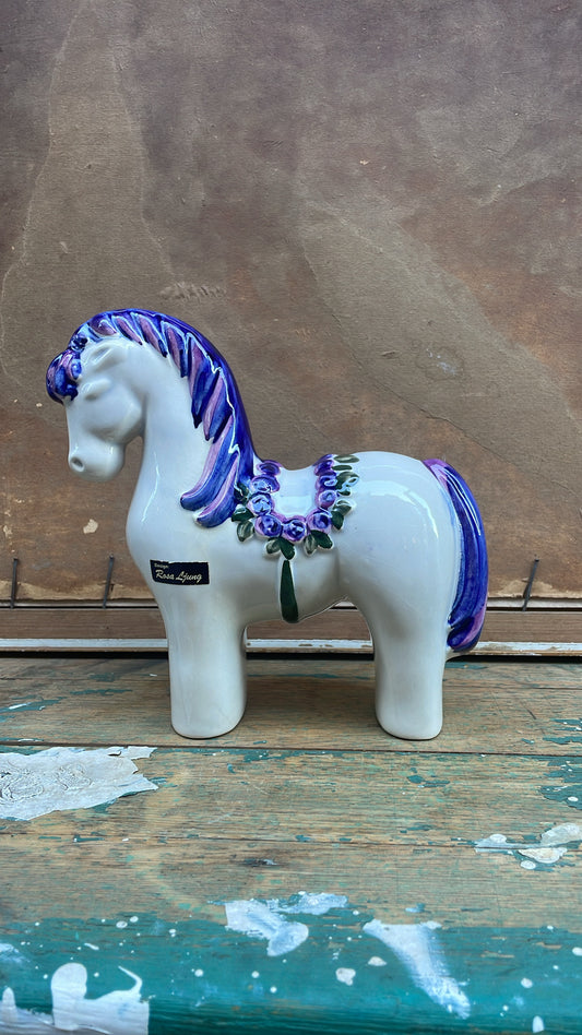 Vintage Rosa Ljung Ceramic Horse with Floral Garland, 18 cm