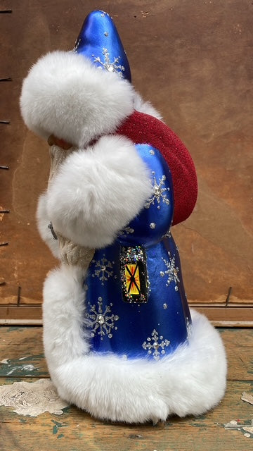 Santa Blue with Snowflakes & Crystals, Fur Edge & Snowflake Design on Gloves & Beaded Tree| Ino Schaller