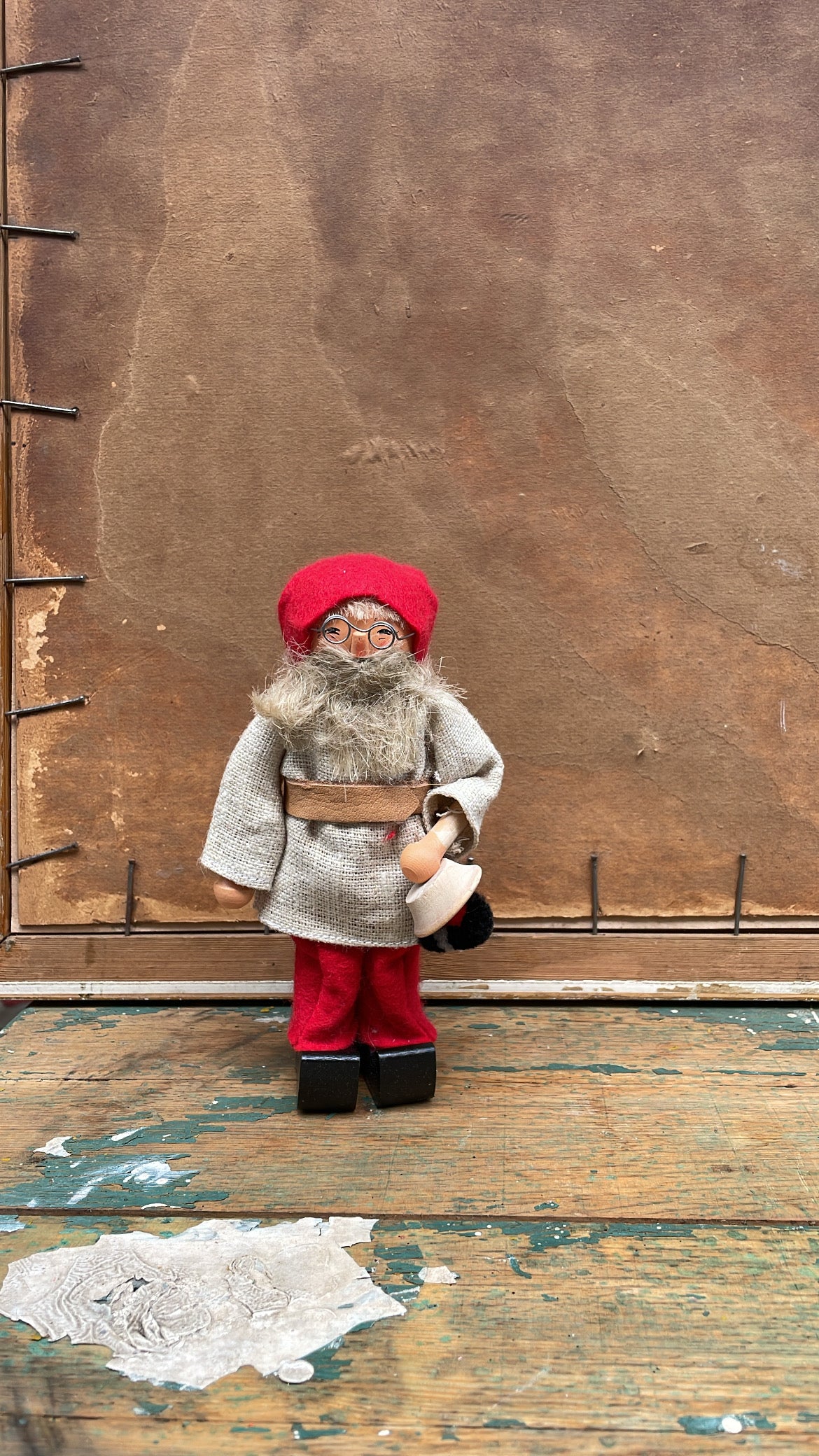 Vintage Scandinavian Tomte with Wooden Bell & Wire Glasses | Swedish Mid-Century Christmas Figure