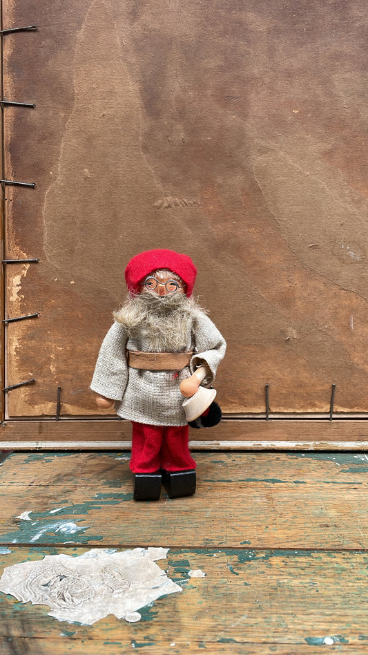 Vintage Scandinavian Tomte with Wooden Bell & Wire Glasses | Swedish Mid-Century Christmas Figure