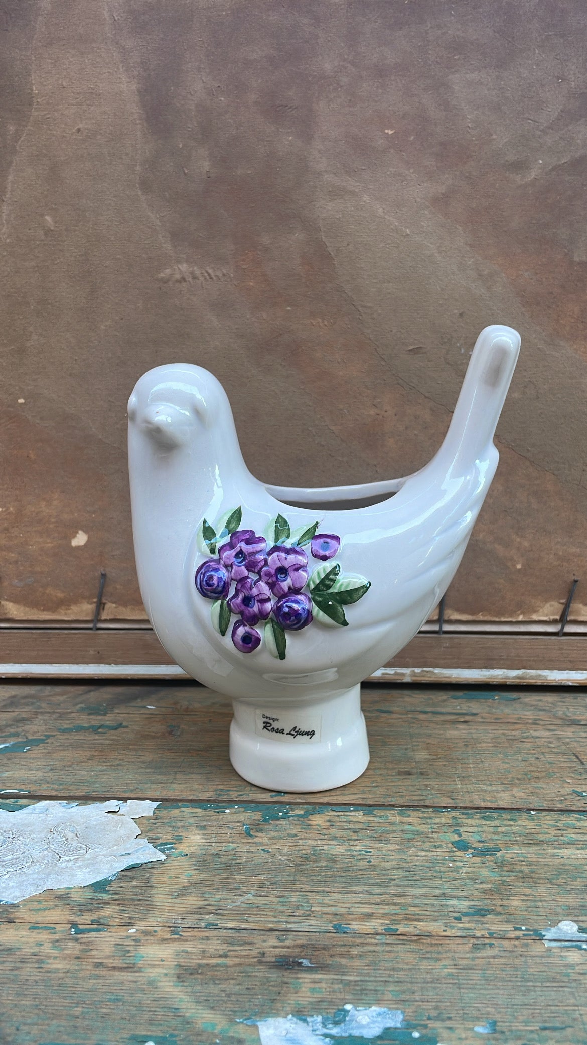 Vintage Rosa Ljung Ceramic Bird with Floral Relief