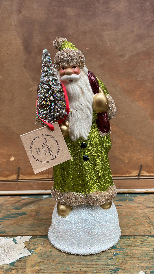 Lime Green Brilliant Glitter Santa, Golden Edge Beaded | Ino Schaller