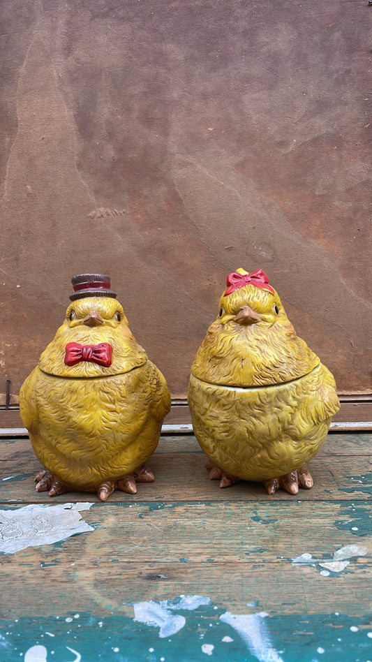Vintage Ceramic Chickens, Lidded Jar & Companion Figurine (Set of Two Pairs)