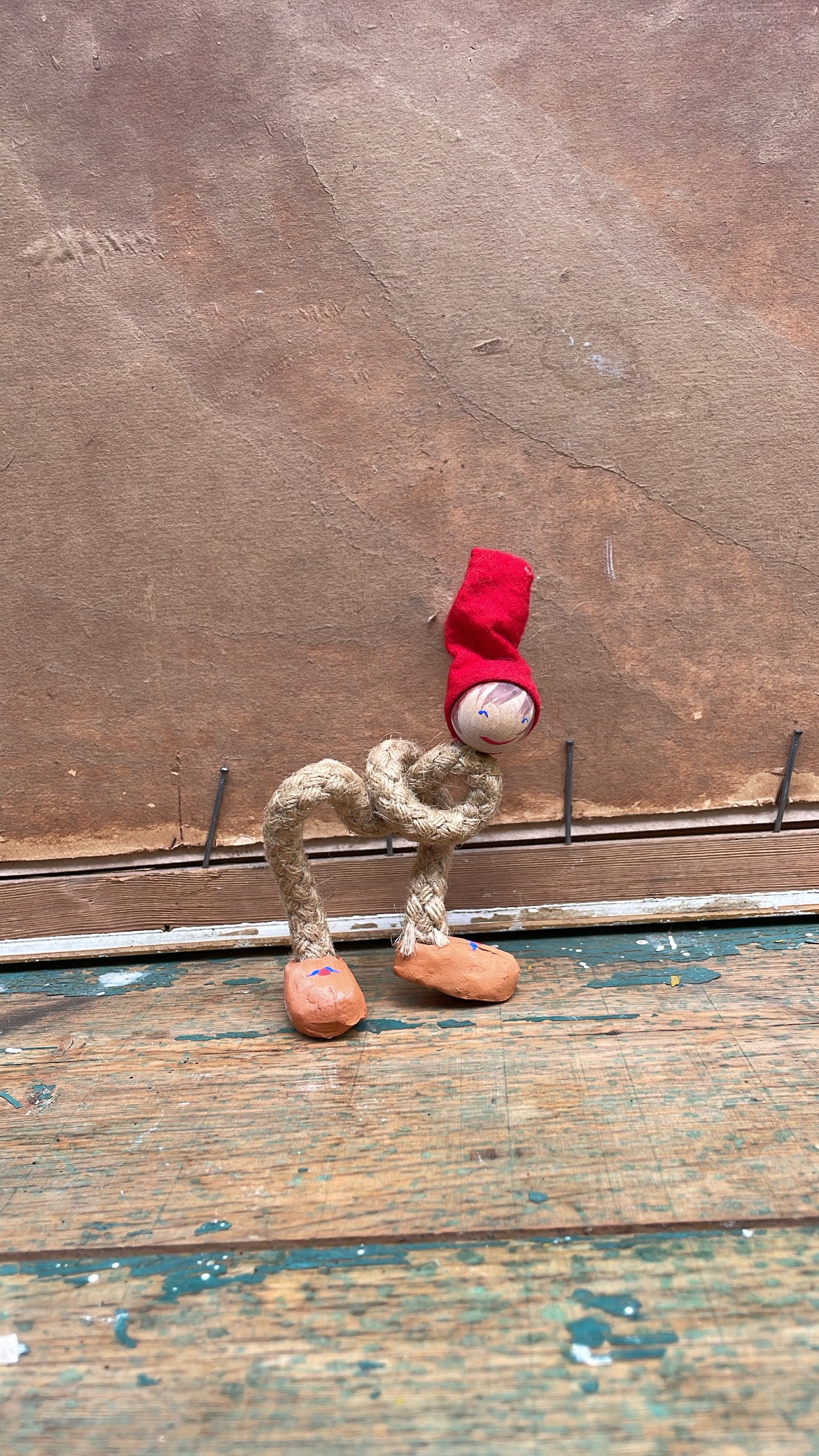 Vintage Scandinavian Rope Tomte Elf — Handmade Jute and Wood Christmas Figurine