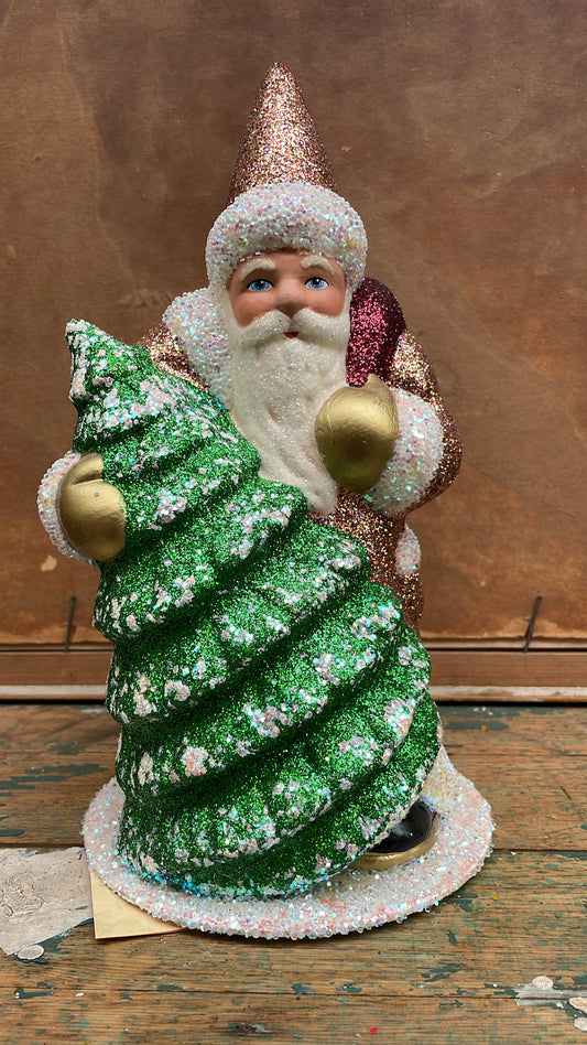 Brilliant Red Copper Santa, Goldleaf Gloves  with Large Beaded Tree | Ino Schaller