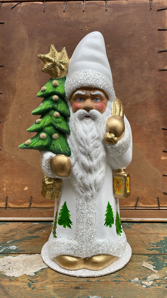 Matte  White Santa With Tree Scene, Golden Bag, & Large Beaded Tree with Star | Ino Schaller