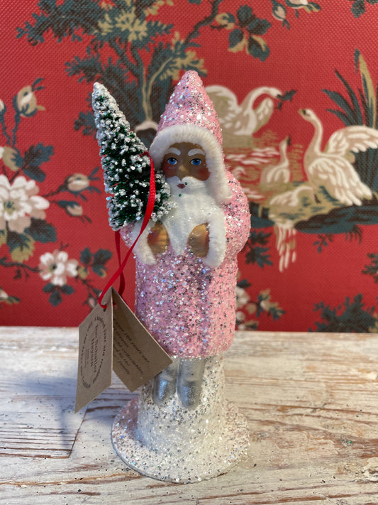 Brilliant Candy Pink Glittered Santa Holding Frosted Tree | Ino Schaller
