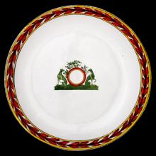 John Derian Dogs Coat of Arms Soup Plate, set of 6 by Astier de Villatte, B2B view on black background